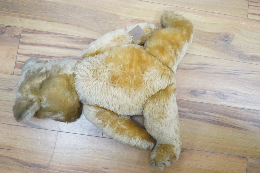 A gold plush mohair teddy bear, perhaps Chad Valley, circa 1950, approx 62cm tall. Condition - fair to good.